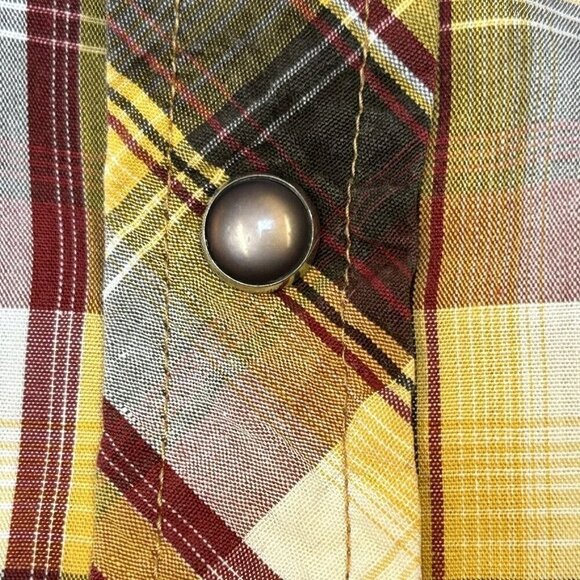 PrAna Shirt Mens Small Pearl Snap Plaid Short Sleeve Brown Yellow Maroon Casual - Picture 5 of 12